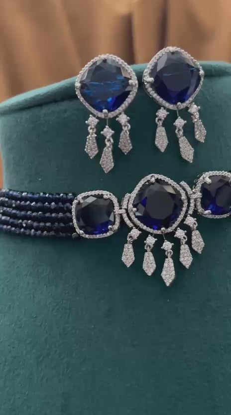 Bold Navy Blue Diamond Choker Set with Dangling Sparkle Stones